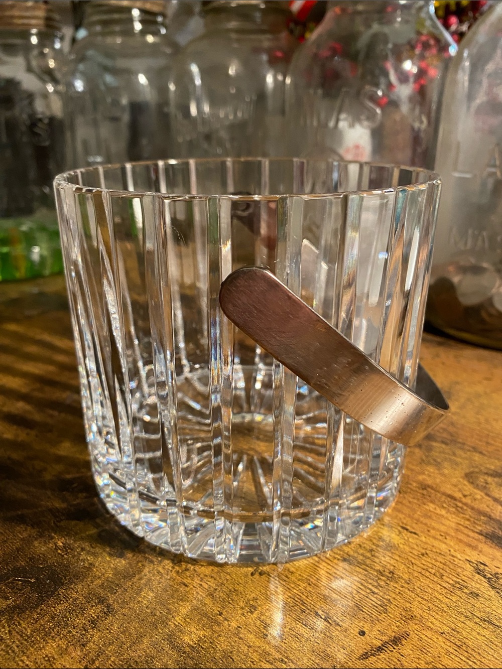 Clear Ribbed Crystal Ice Bucket with Metal Handle Bar Cart Jem